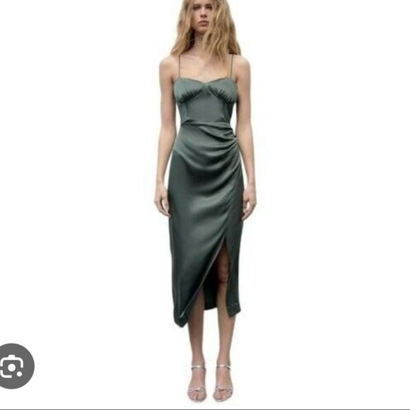 Zara | Dresses | Zara Olive Green Corset Style Dress Slit Satin Effect |  Poshmark